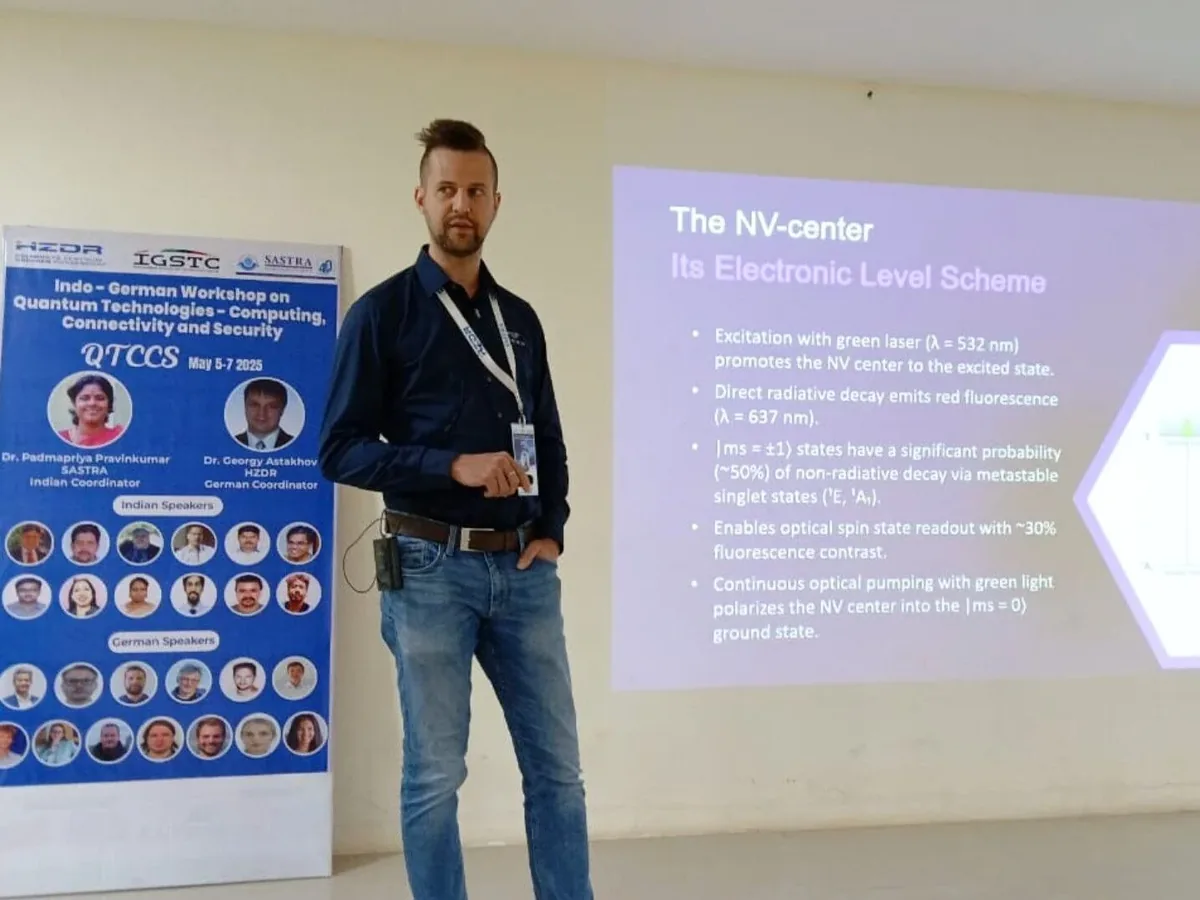 Florian Frank presenting the NV-center electronic level scheme at QTCCS 2025