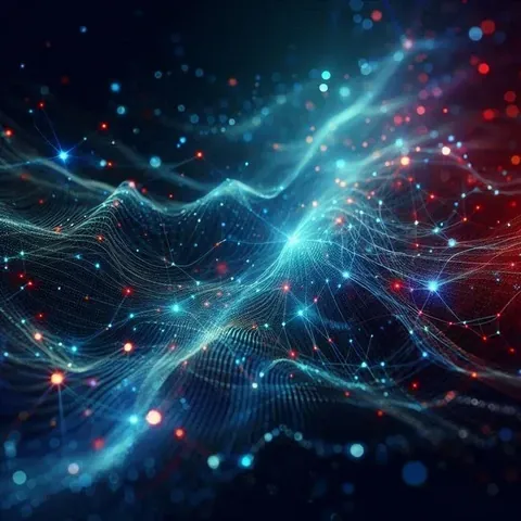 Abstract blue and red network waves representing positioned color centers