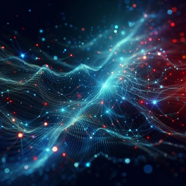 Abstract blue and red network waves representing positioned color centers