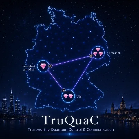 TruQuaC illustration showing Frankfurt am Main, Ulm and Dresden connected across a map of Germany.