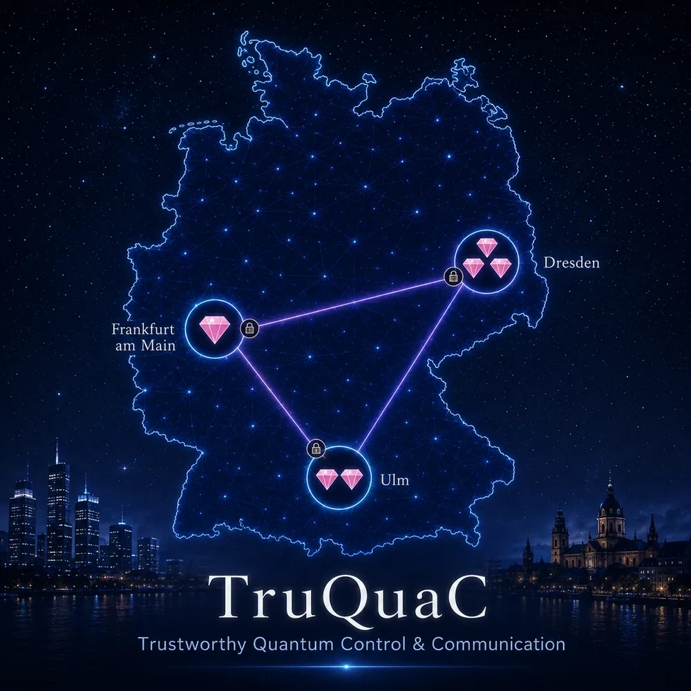 TruQuaC illustration showing Frankfurt am Main, Ulm and Dresden connected across a map of Germany.