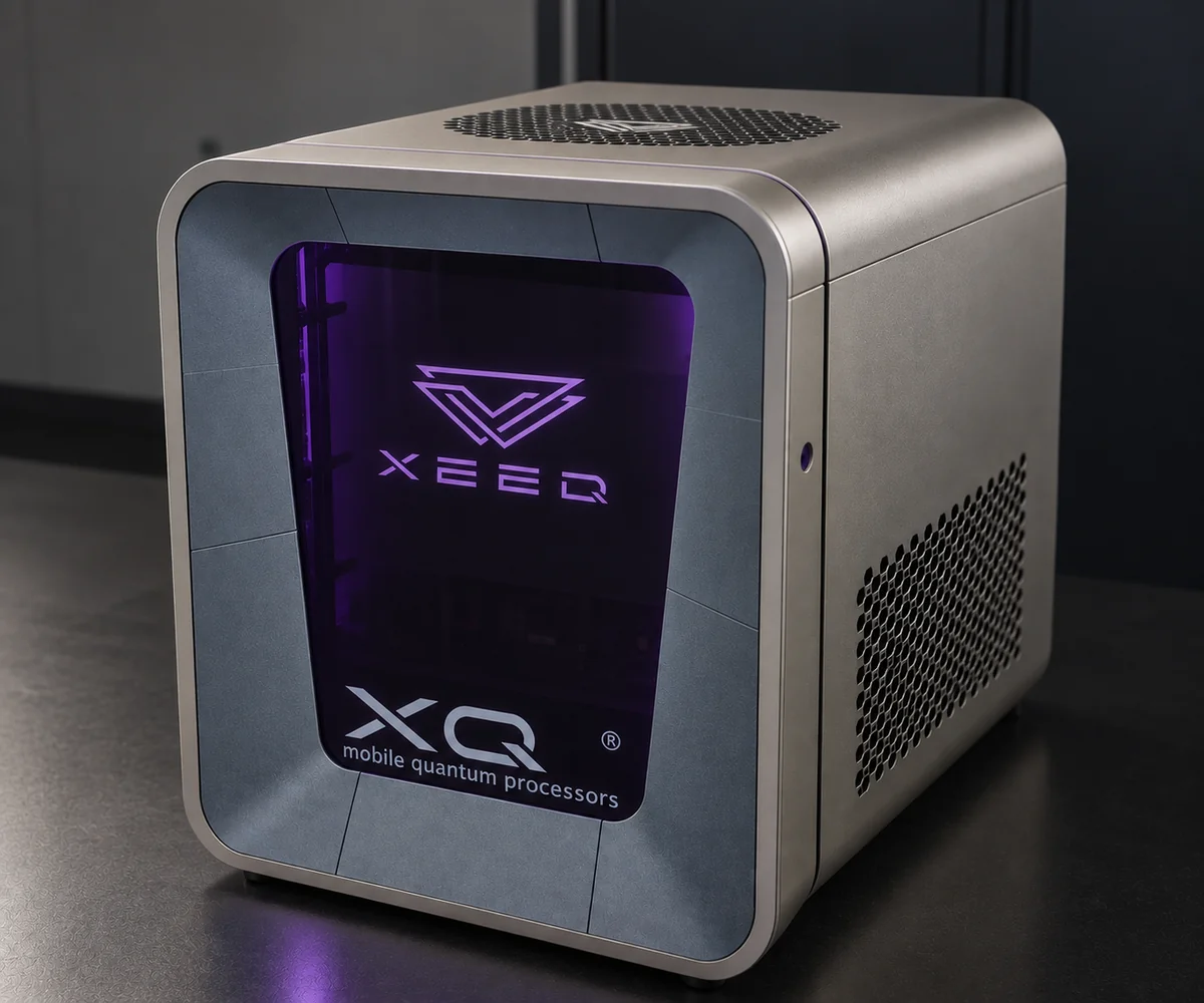 XQ1 quantum processor in a dark studio setting, AI-enhanced product image